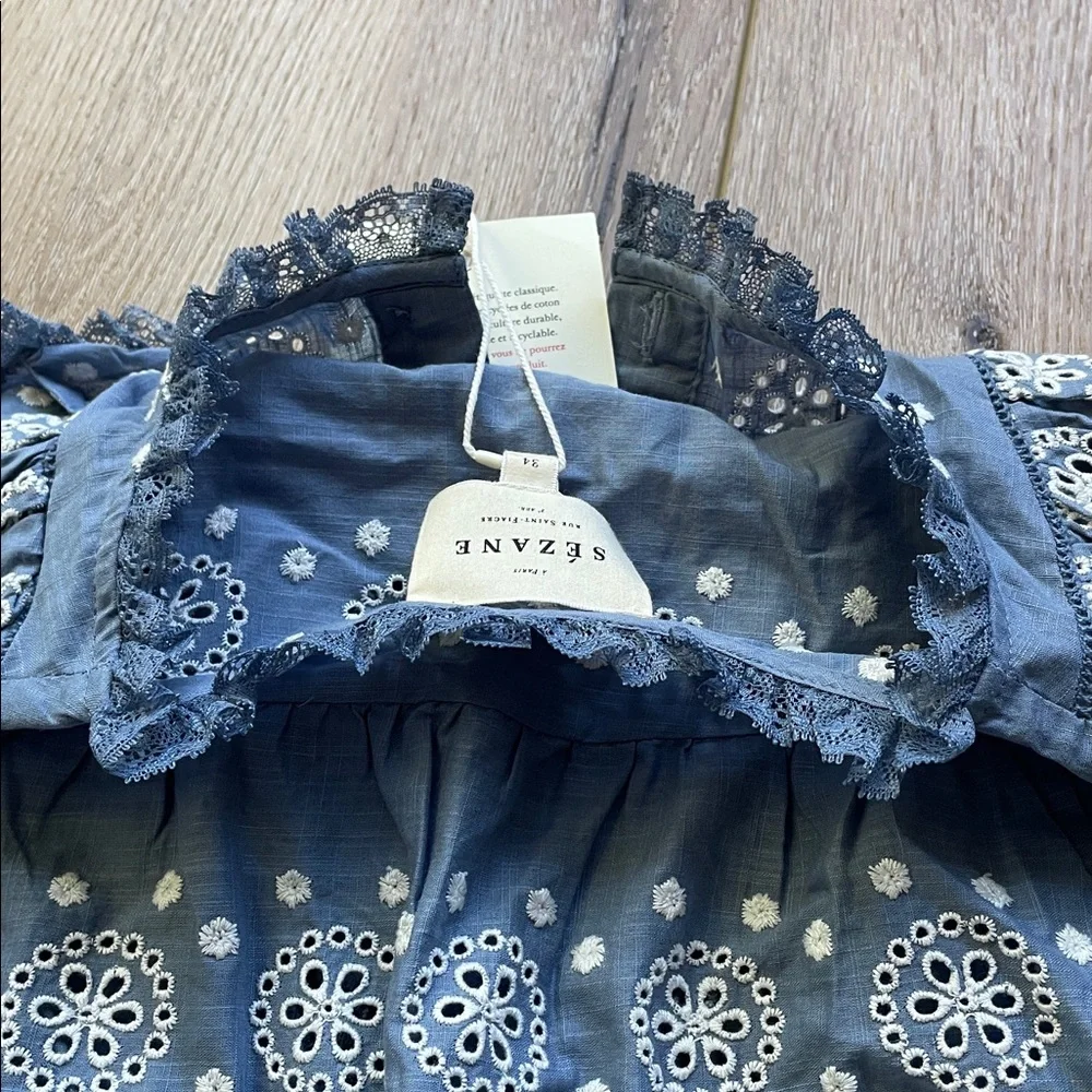 Sezane Nele embroidered vintage ruffle blue cropped shirt. NWT!! - Picture 13 of 16